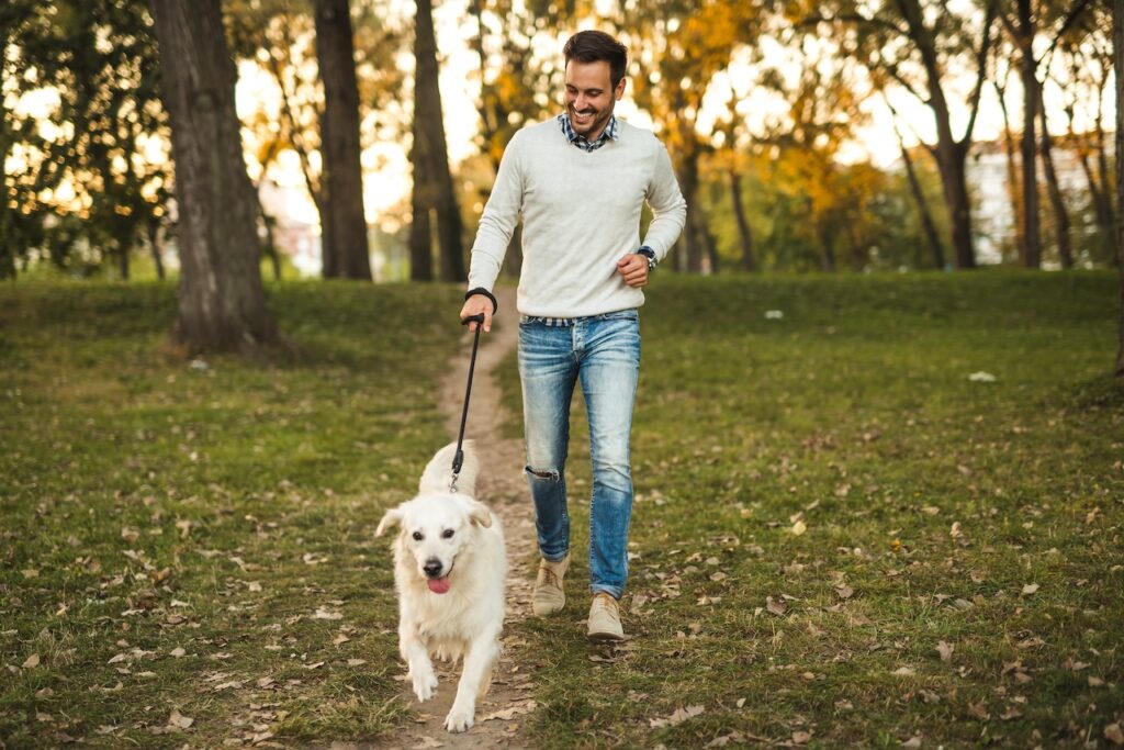 Man joyfully walking his dog in the park, showcasing the ease of incorporating fitness into daily life.