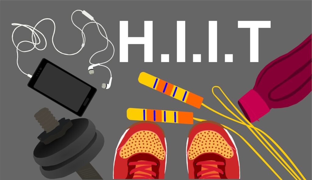 A graphic image showcasing items commonly associated with high-intensity interval training (H.I.I.T). Visible are a pair of red sneakers, yellow and orange jump ropes, a black dumbbell, a smartphone with earphones, and the acronym 'H.I.I.T' in bold white letters against a gray background, symbolizing an active and energetic workout setup.