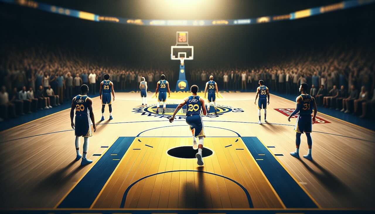 Golden State Warriors basketball court highlighting the notable absence of Stephen Curry, with team members in the background