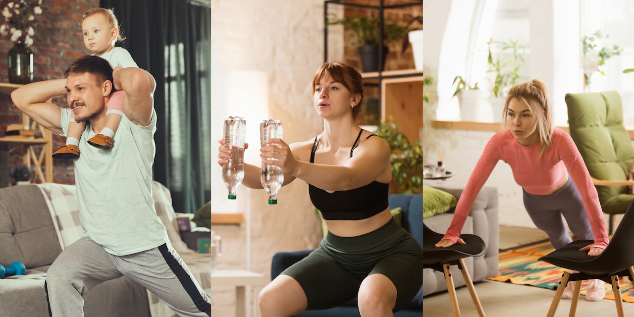 A collage of three people demonstrating the benefits of strength training at home: a man doing lunges with a child on his shoulders, a woman using water bottles as weights, and another woman performing chair dips.