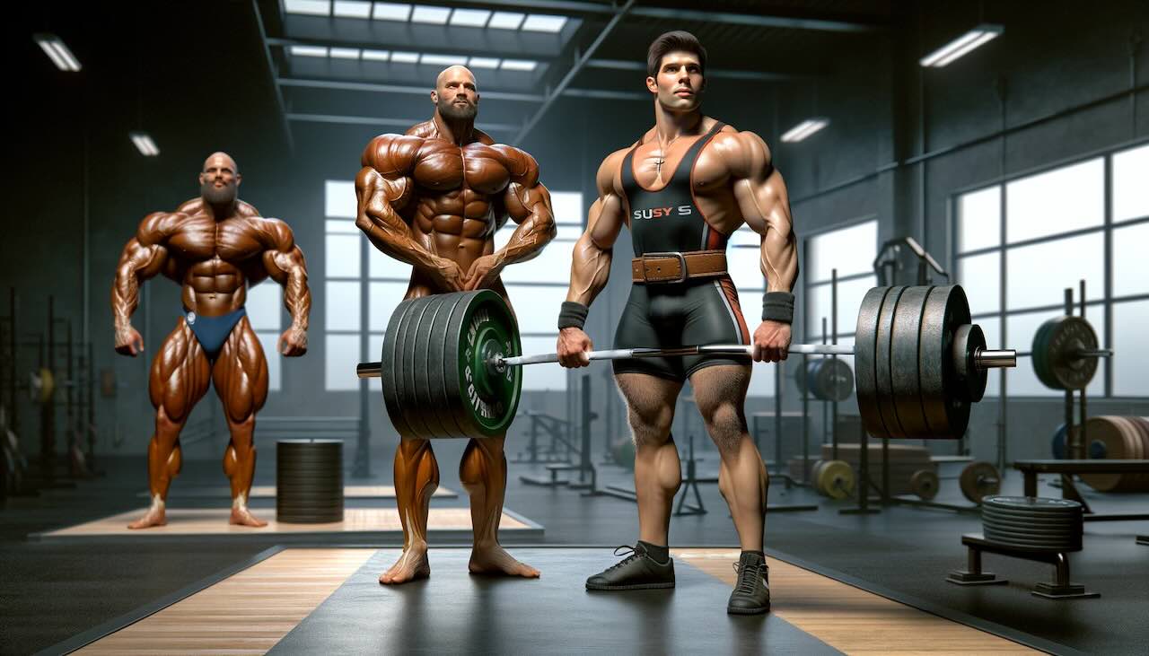 Powerlifting vs bodybuilding illustration, showcasing a bodybuilder posing and a powerlifter performing a deadlift.