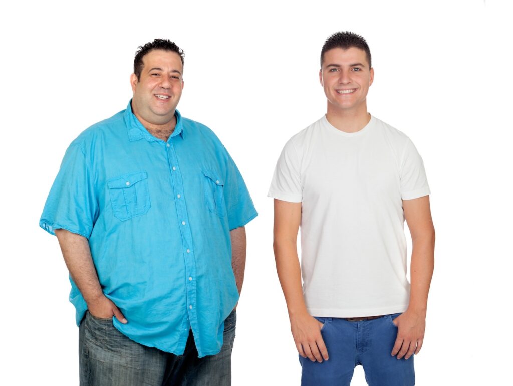 Before and after fitness transformation depicting a man: initially overweight on the left, becoming fit and muscular on the right, illustrating the results of consistent exercise over time.