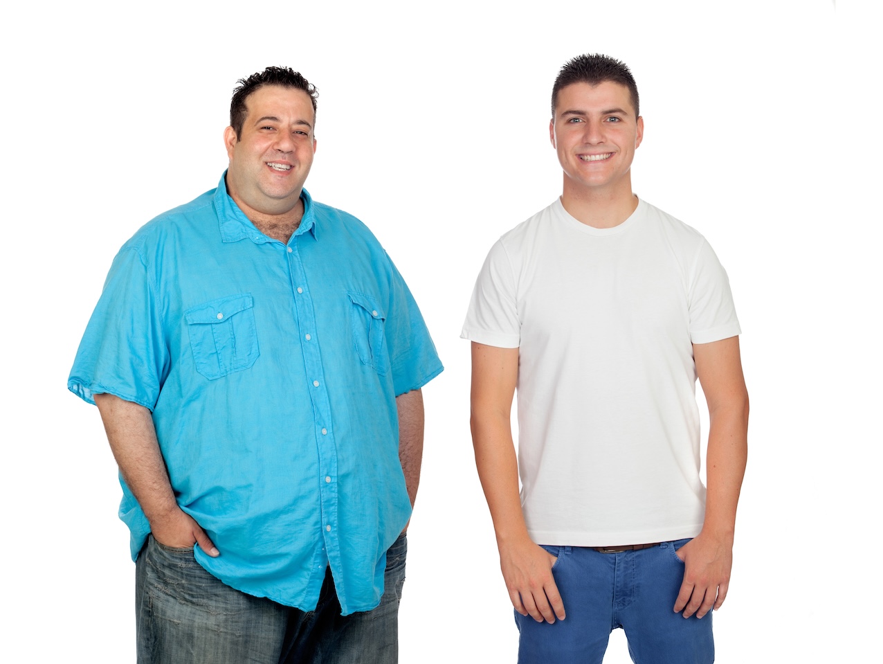 Before and after fitness transformation depicting a man: initially overweight on the left, becoming fit and muscular on the right, illustrating the results of consistent exercise over time.