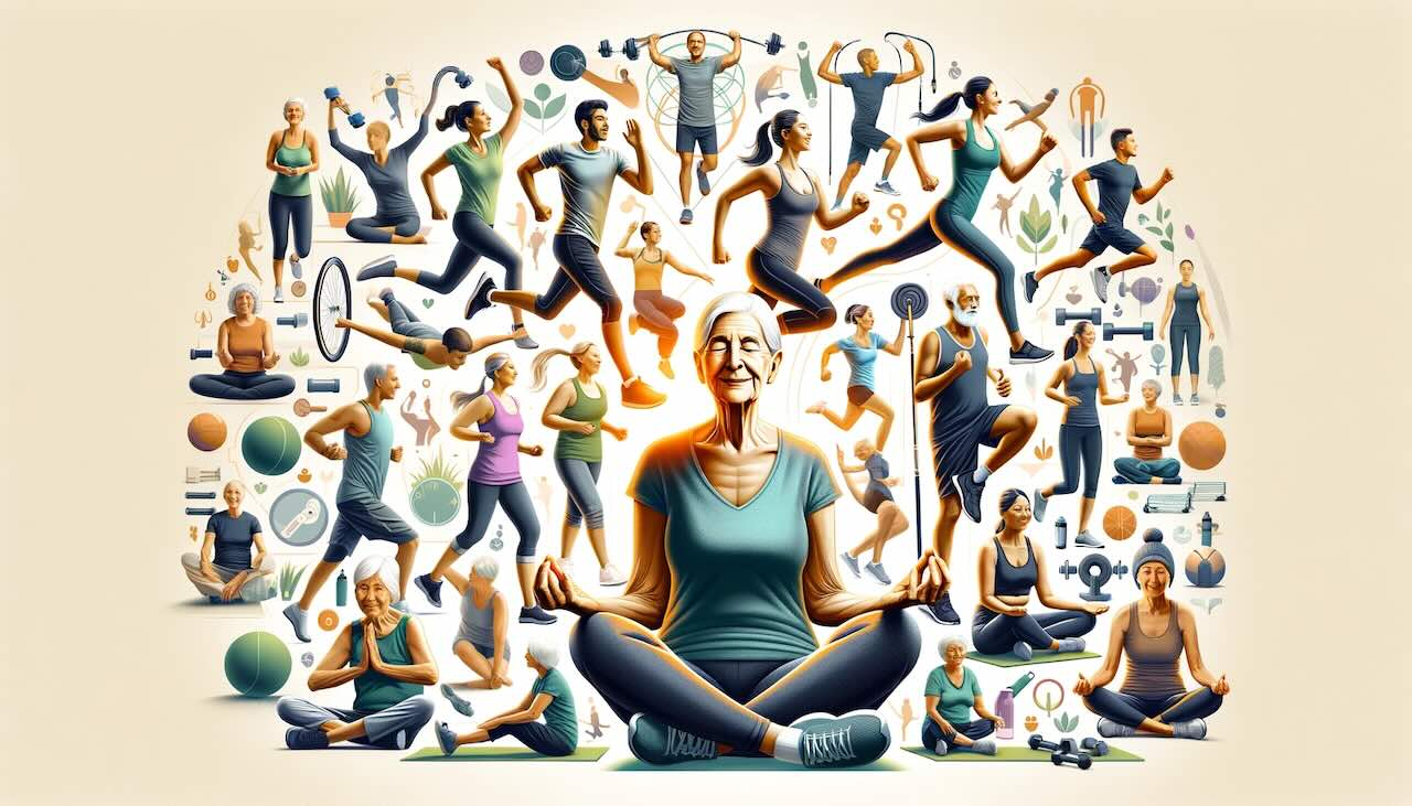 Group of diverse individuals of various ages engaging in different exercises like yoga, running, and strength training, illustrating the importance of exercise for physical, mental, and emotional health.