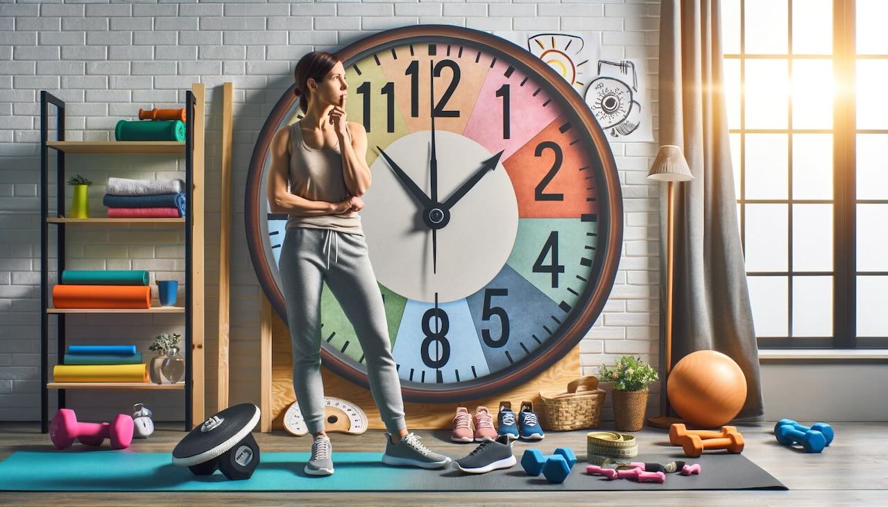 Person contemplating what are the best times to exercise, standing in front of a large clock with highlighted morning, afternoon, and evening times, surrounded by fitness gear.